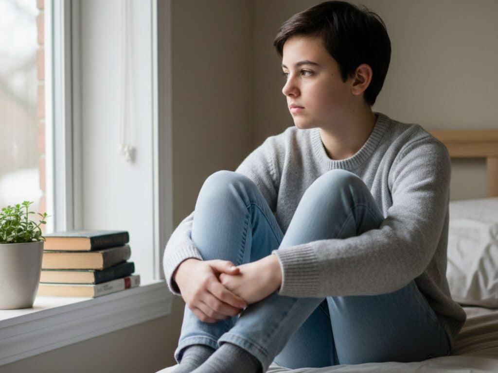 Kamasz ül az ablak mellett, elgondolkodva, csendes környezetben – a kamaszkor belső folyamatait és figyelmi működését bemutató illusztratív fotó.