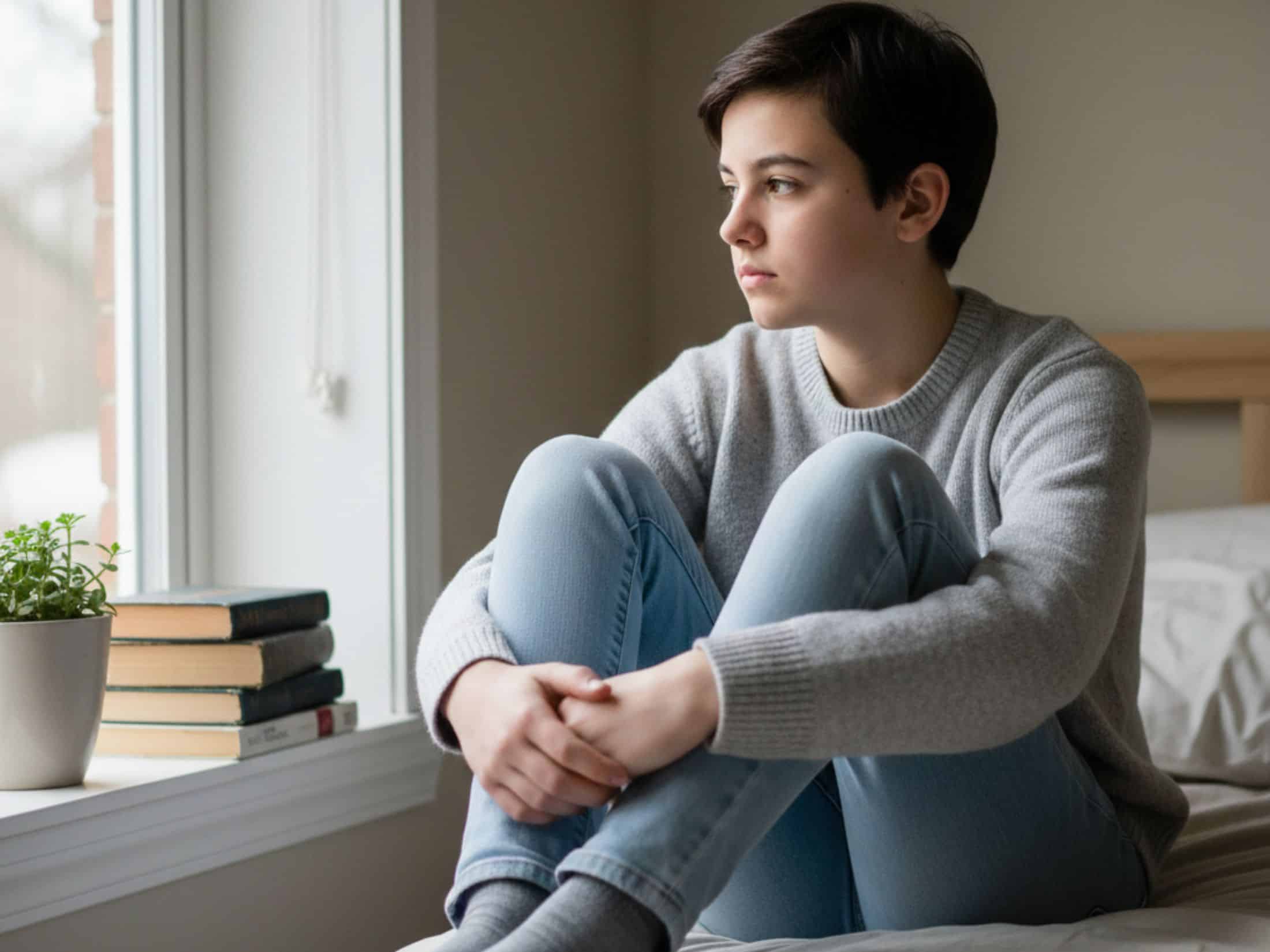 Kamasz ül az ablak mellett, elgondolkodva, csendes környezetben – a kamaszkor belső folyamatait és figyelmi működését bemutató illusztratív fotó.